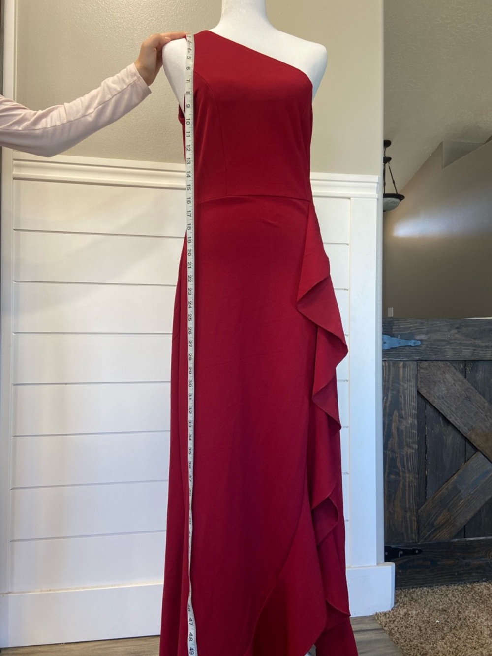 One-Shoulder Red Ruffle Evening Dress - Picture 5 of 8